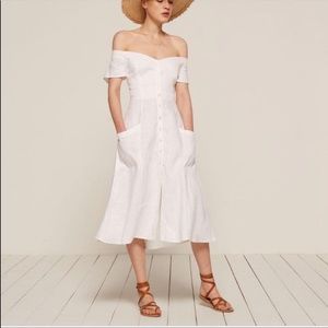 White linen off the shoulder dress by Reformation